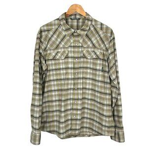 Stio Eddy Tech Shirt Mens Large Beige Plaid Long Sleeve Pearl Snap UPF 50+